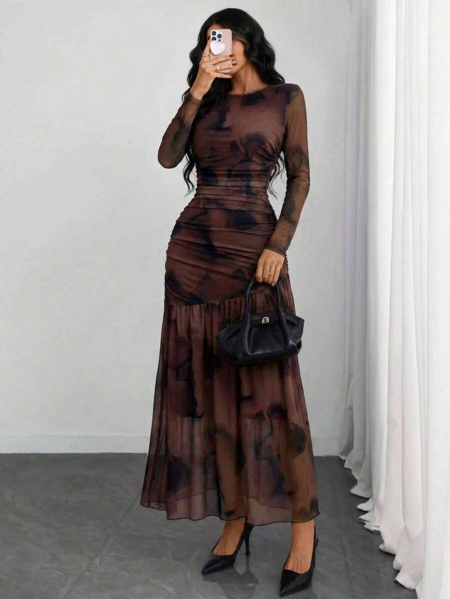 Women's Gothic Sexy Elegant Modern Contrast Stripe Asymmetrical Ruffle Waist Double-Layer Mesh Long Sleeve Dress, Suitable For Dates, Vacations And Daily Commute Spring