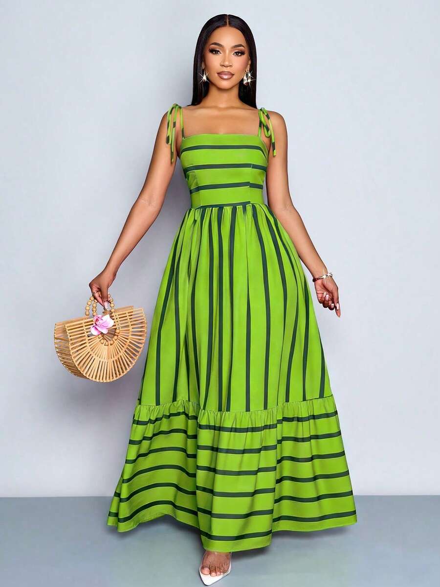 Women's Blue And White Stripe Flowing Maxi Dress,Summer Elegant Holiday Tea Party Holiday,Shoulder Straps Chest Gathering,Beach Casual Gown