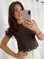 Flat Knit Round Neck Scalloped Edge Jewelled Top (2 Colours)