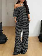Women's Asymmetrical Neck Relaxed-Fit Striped Knit Top & Pocketed Wide Leg Pants Set, Ideal for Casual Meetups, Weekend Lounging and Travel Days, Two-Piece Outfit, Striped Loungewear Set, Comfy Loungewear Set