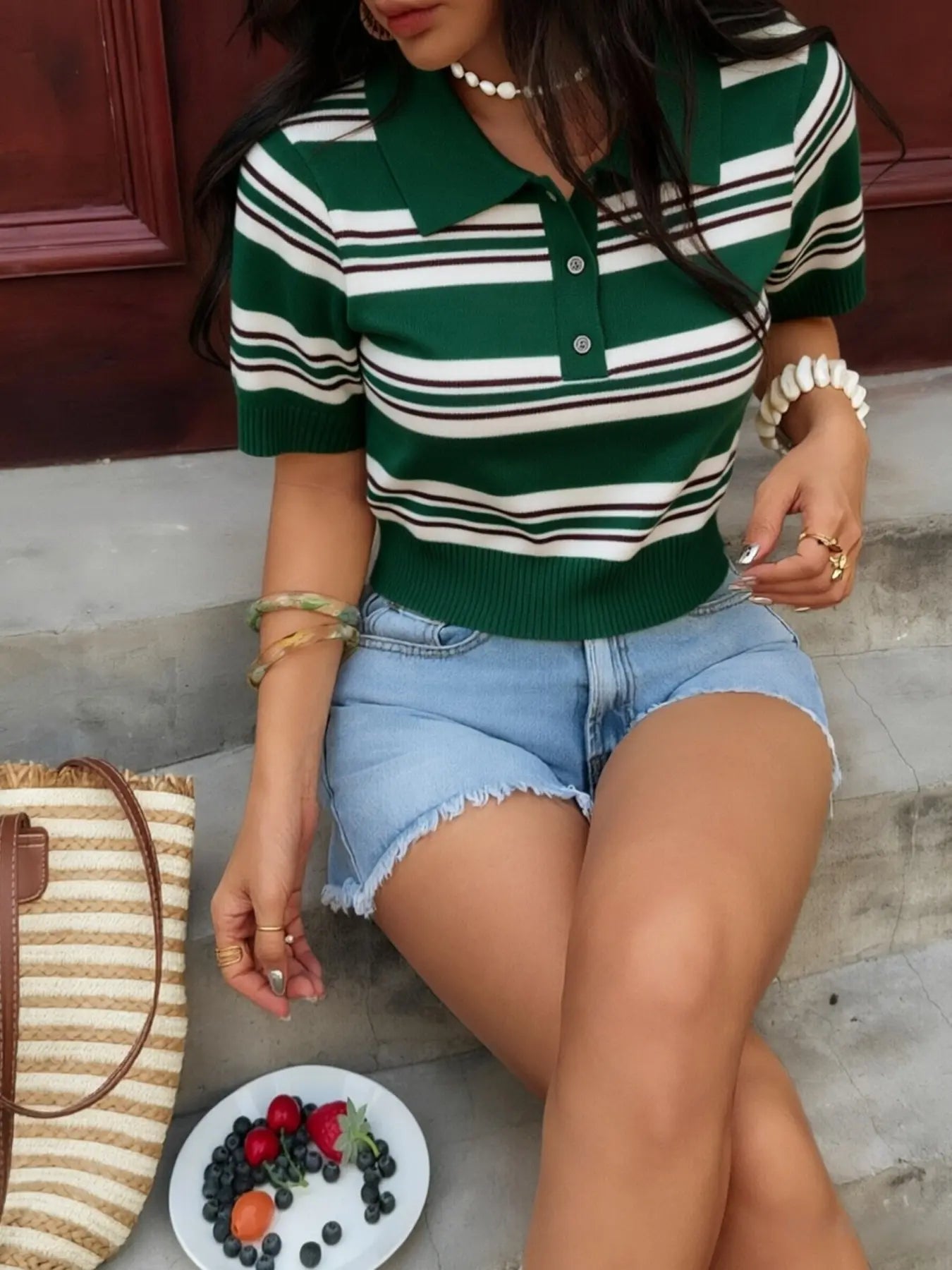 Women's Summer Striped Polo Neck Knit Top, Casual Short Sleeve Pullover, Breathable Slim Fit, Breathable Polo Shirts, Summer Tops
