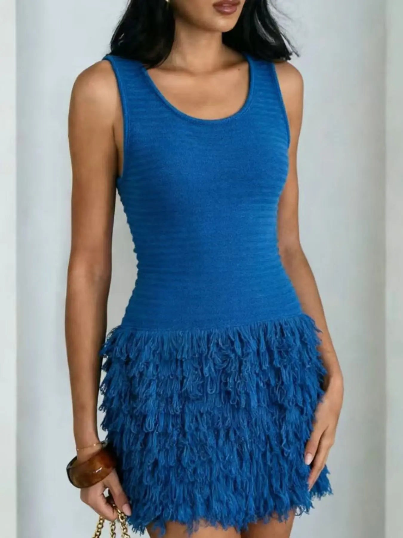 Elegant Knitted Bodycon Dress, Summer Vacation Fringe Skirt