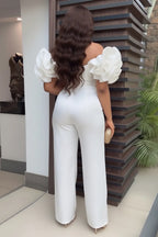 Off Shoulder Notch Neck Ruffle Party Straight Leg Jumpsuit-White