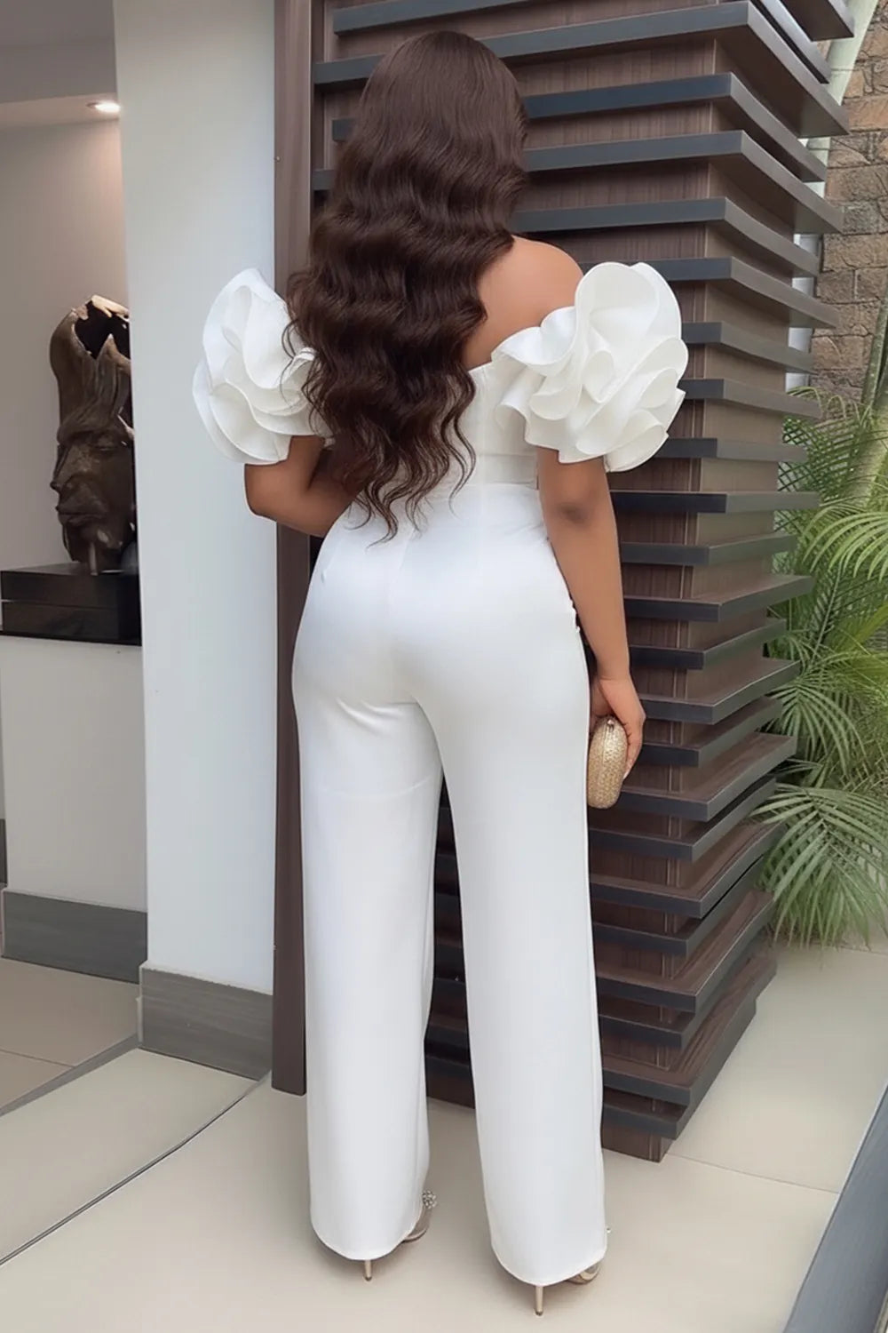 Off Shoulder Notch Neck Ruffle Party Straight Leg Jumpsuit-White