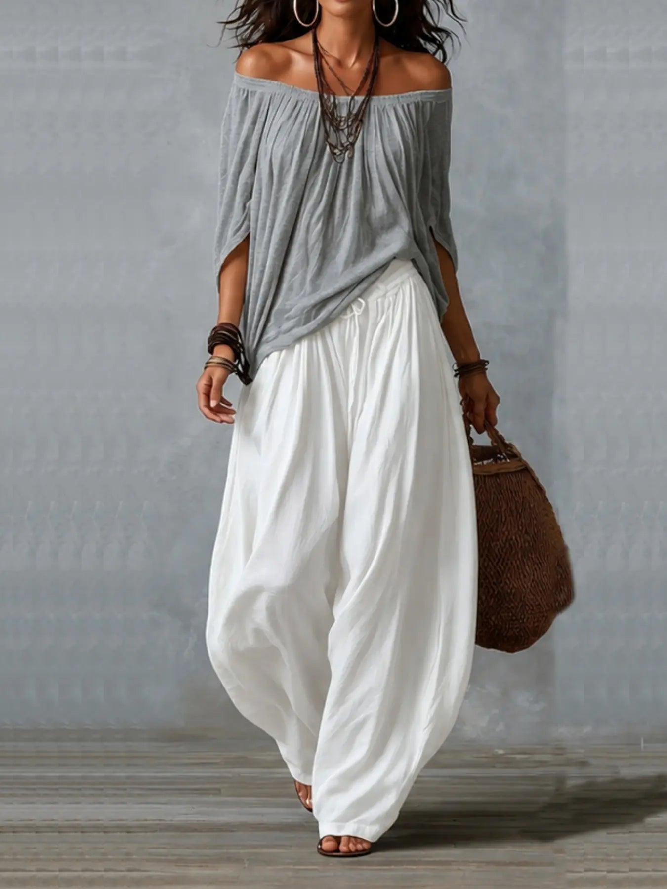 2026 New Women Two Piece Matching Set, Oversized Long off Shoulder Blouse, Elastic Cuff Lantern Pants, Casual Vacation Streetwear