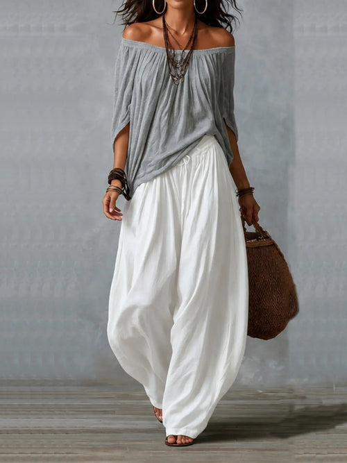 2026 New Women Two Piece Matching Set, Oversized Long off Shoulder Blouse, Elastic Cuff Lantern Pants, Casual Vacation Streetwear