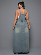 Plus Size Women's Summer Punk Casual Style Frayed Denim Strap Dress, Essential for Daily Outings, Trendy and Comfortable Long Skirt