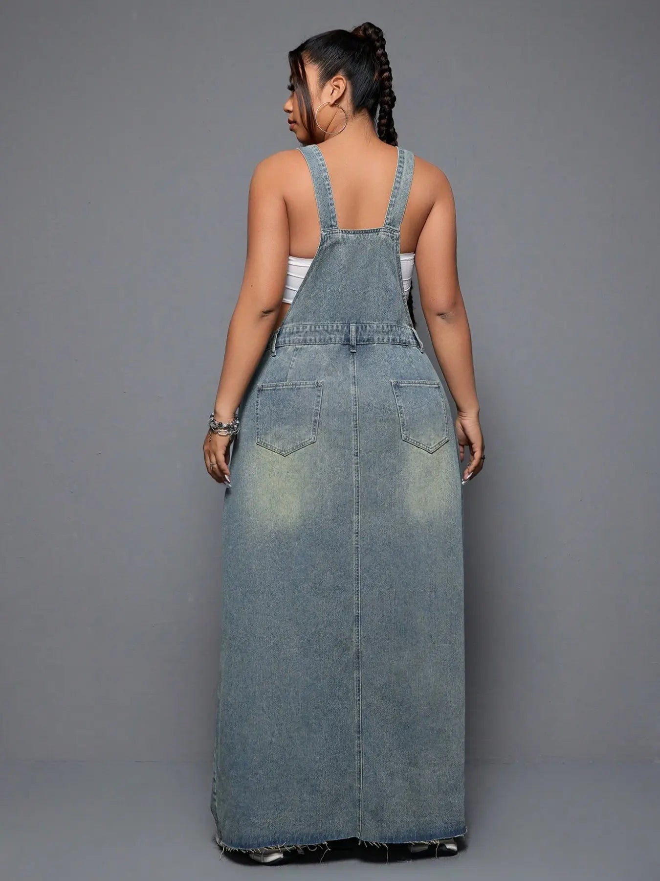 Plus Size Women's Summer Punk Casual Style Frayed Denim Strap Dress, Essential for Daily Outings, Trendy and Comfortable Long Skirt