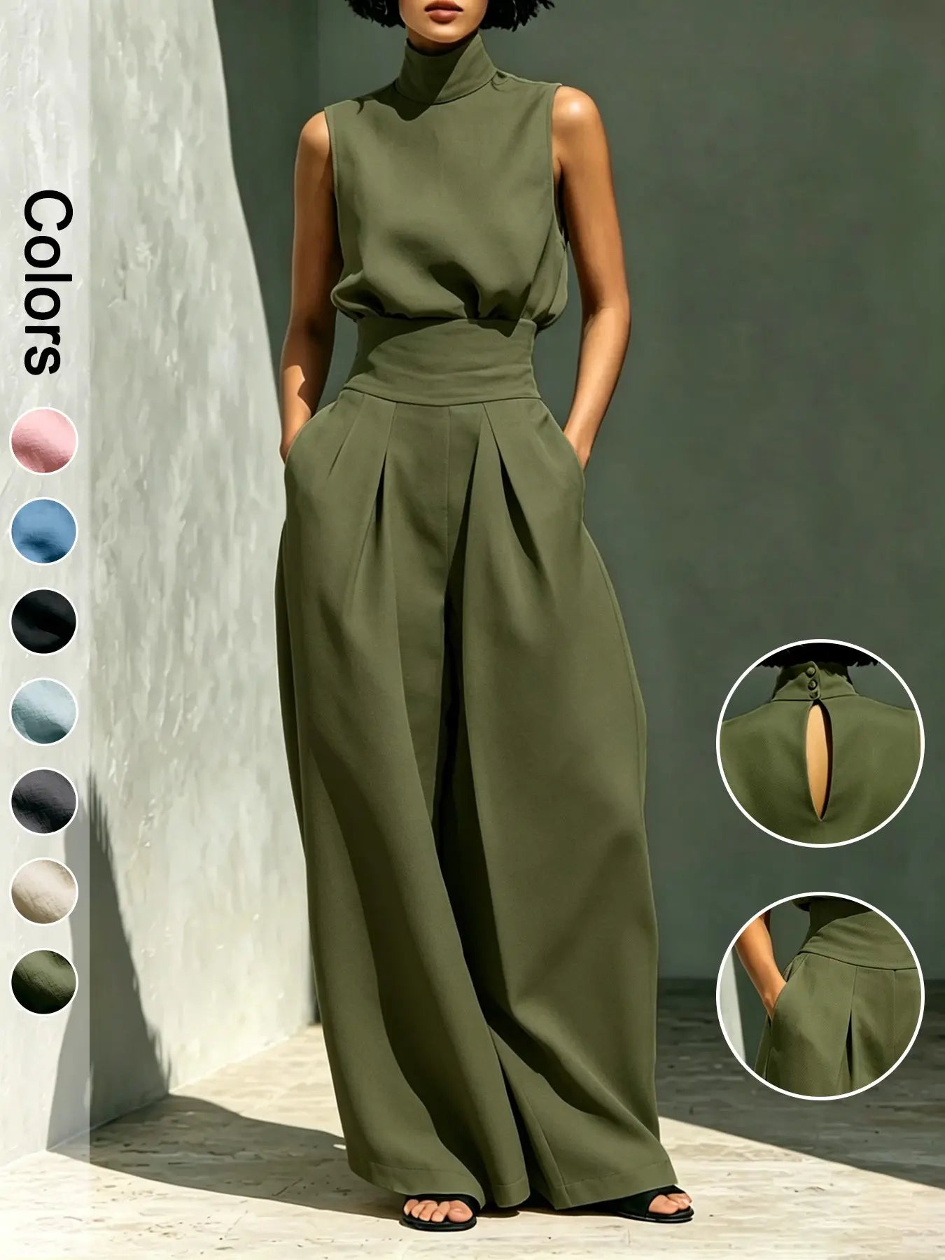 Women's High-Neck Sleeveless Top and High-Waist Wide-Leg Pants Two-Piece Set, Elegant Chic Formal Outfit for Fashionable Ladies, Clothes
