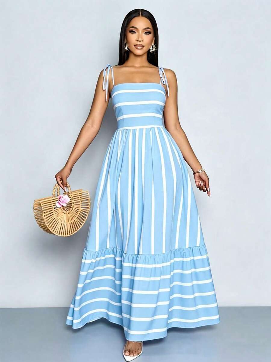 Women's Blue And White Stripe Flowing Maxi Dress,Summer Elegant Holiday Tea Party Holiday,Shoulder Straps Chest Gathering,Beach Casual Gown