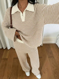 Women's 2pcs Set Loose Striped V-Neck Drop Shoulder Long Sleeve T-Shirt &Elastic Waist Striped Pants, Brown, Casual Sets For Women, Pajamas Set, Loungewear, Casual Sets For Women Brown Two Piece Set Women