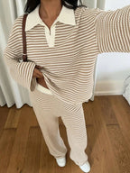 Women's 2pcs Set Loose Striped V-Neck Drop Shoulder Long Sleeve T-Shirt &Elastic Waist Striped Pants, Brown, Casual Sets For Women, Pajamas Set, Loungewear, Casual Sets For Women Brown Two Piece Set Women