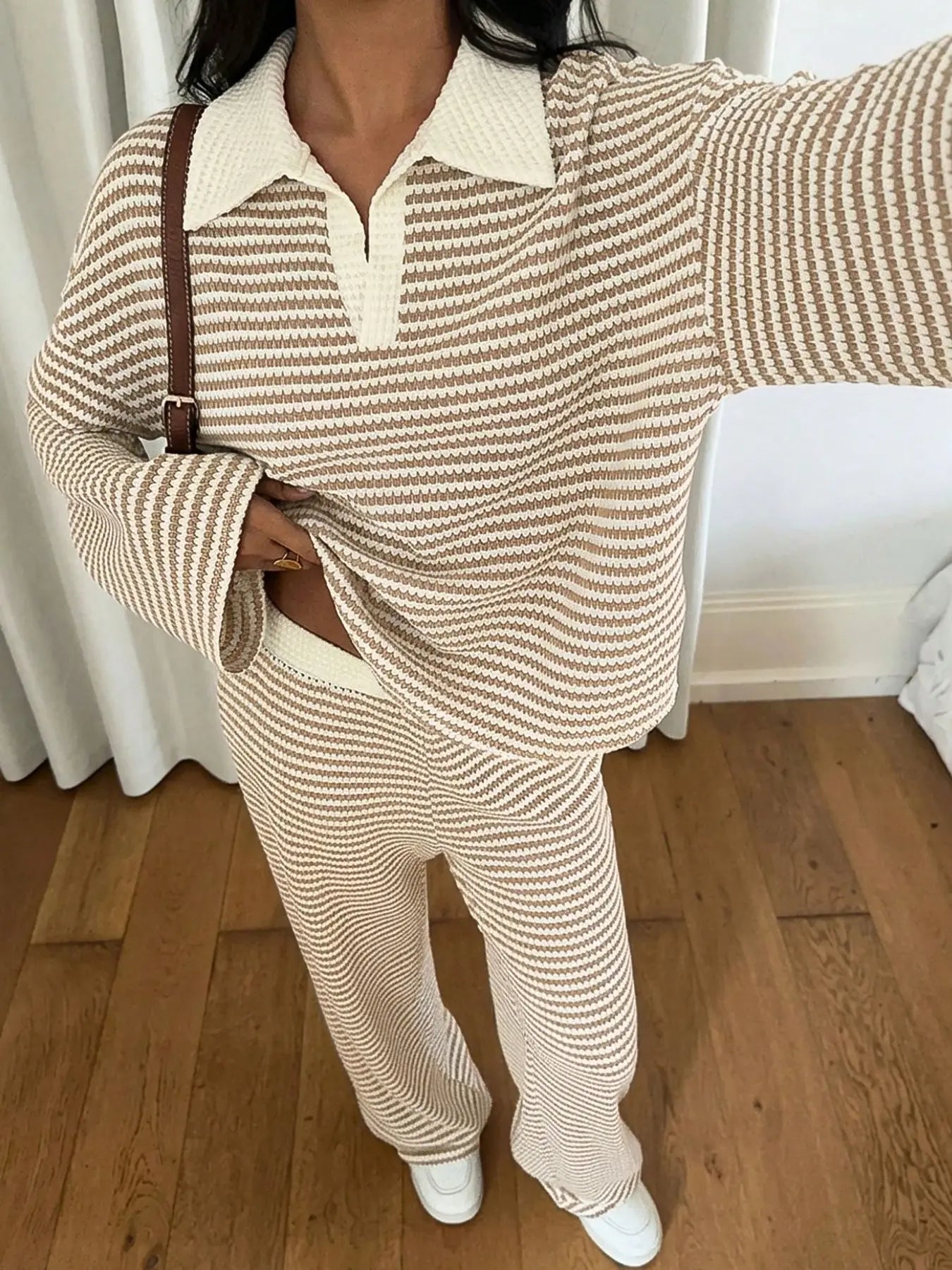 Women's 2pcs Set Loose Striped V-Neck Drop Shoulder Long Sleeve T-Shirt &Elastic Waist Striped Pants, Brown, Casual Sets For Women, Pajamas Set, Loungewear, Casual Sets For Women Brown Two Piece Set Women