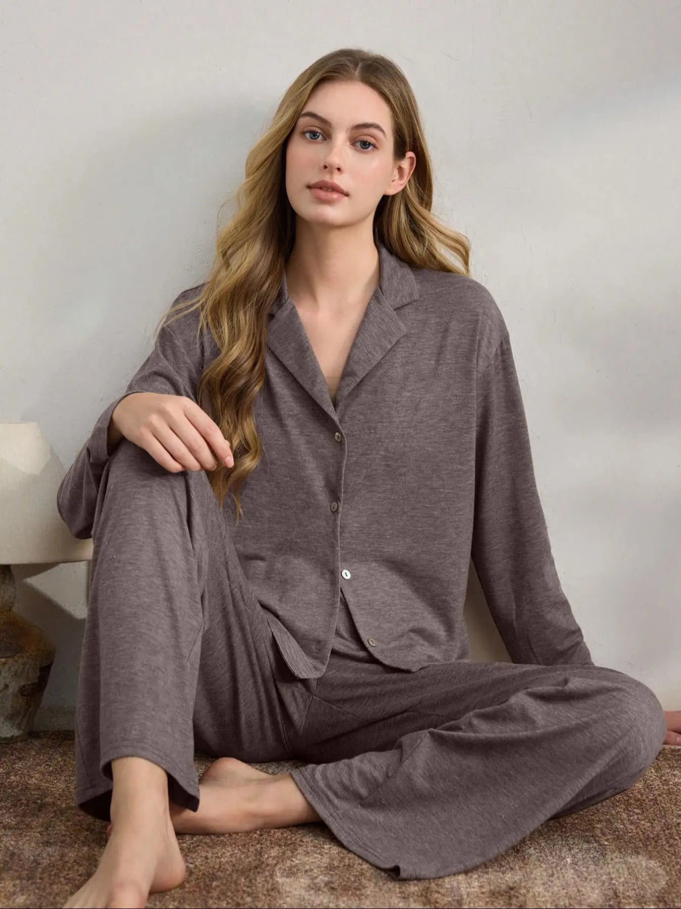 Women's Casual Fall Winter Pajama Set, Soft Skin-Friendly Fabric, Long Sleeve Collared Lapel Design, Indoor Outdoor Wear, Two-Piece Sleepwear, Loungewear, Pjs, Homewear, Loungewear Pajamas Set