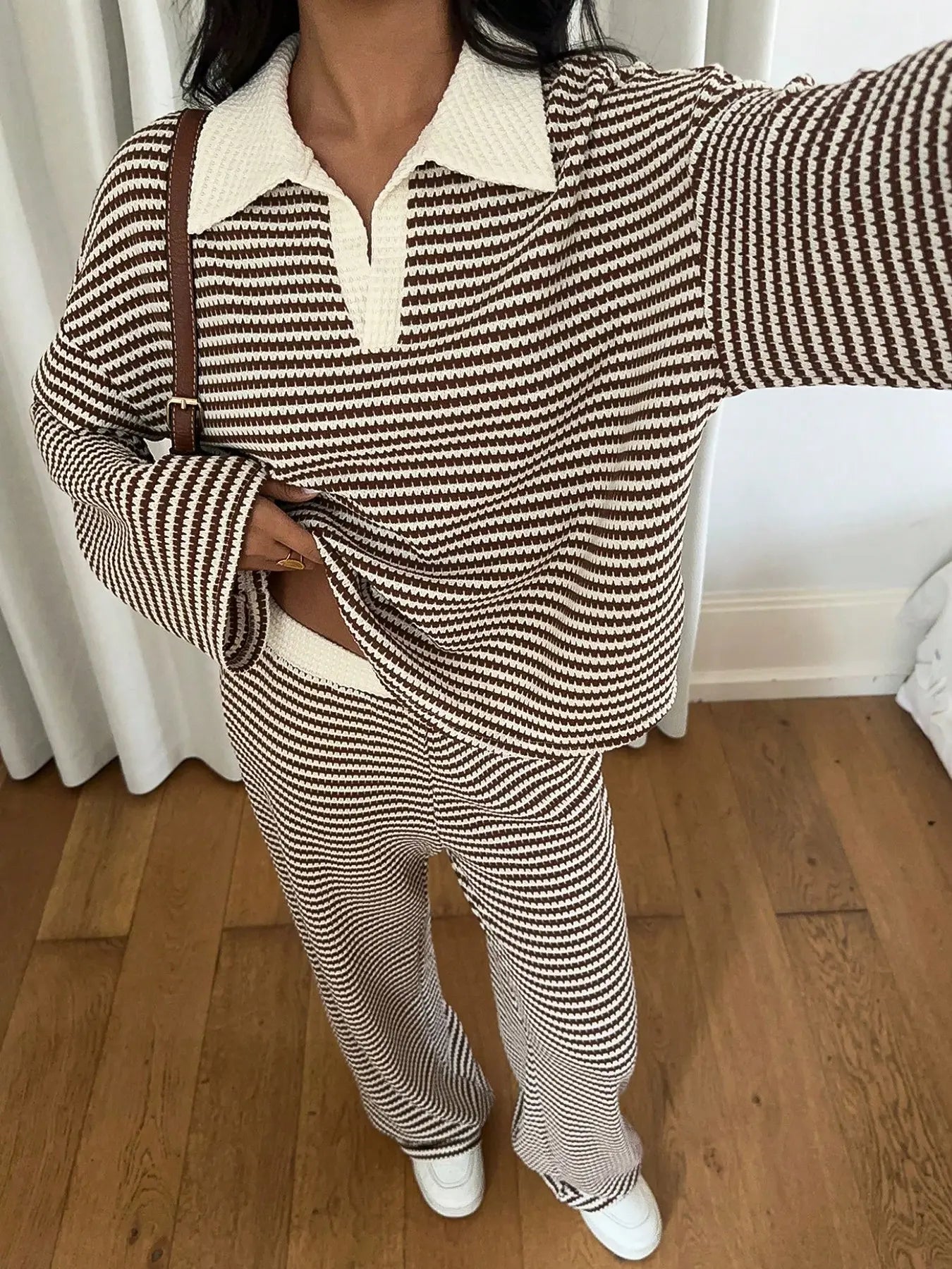 Women's 2pcs Set Loose Striped V-Neck Drop Shoulder Long Sleeve T-Shirt &Elastic Waist Striped Pants, Brown, Casual Sets For Women, Pajamas Set, Loungewear, Casual Sets For Women Brown Two Piece Set Women