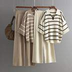 Stylish Striped Top & Solid Color Wide Leg Pants Two-Piece Set
