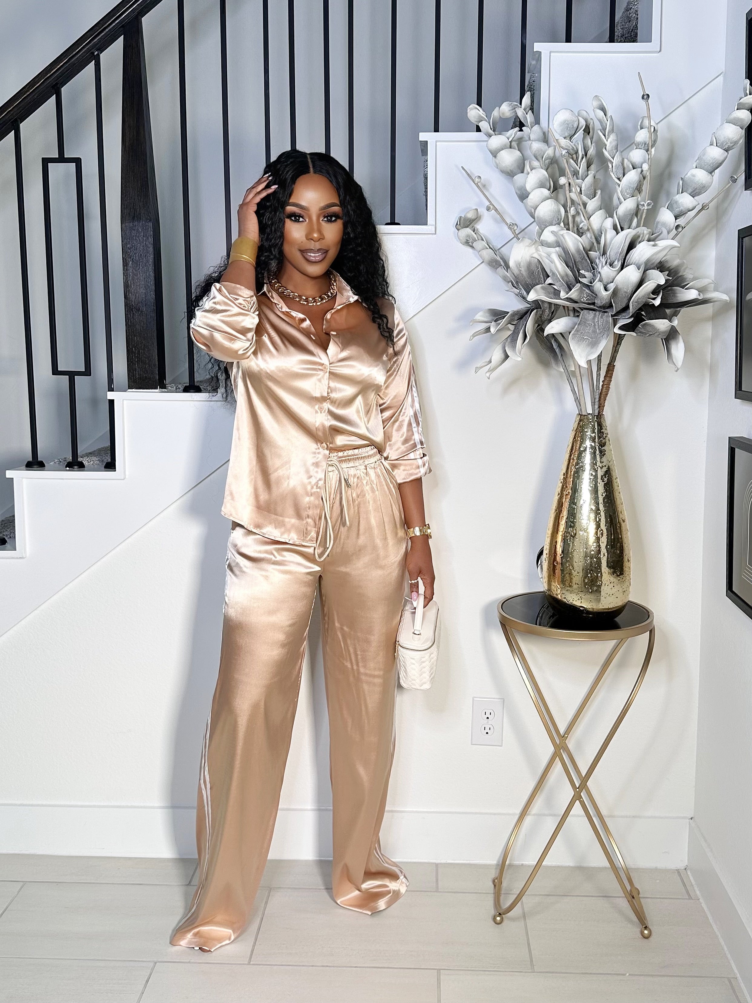 SO SILKY BUTTON DOWN PANTS SET (FRAPPE)