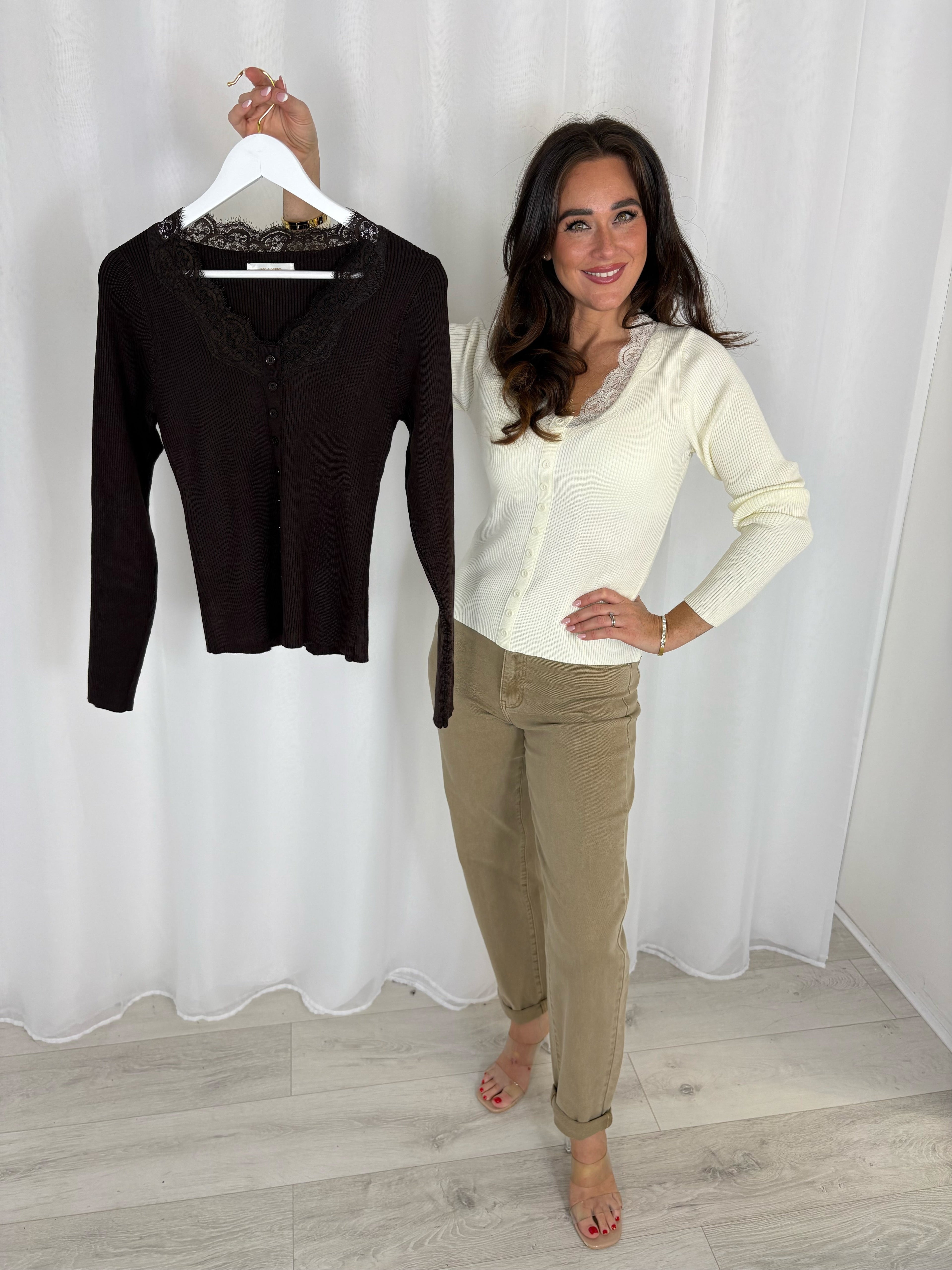 Lace Neck Trim Button Down Top (2 Colours)