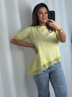 Round Neck Lace Trim Asymmetric Bottom Top (8 Colours)