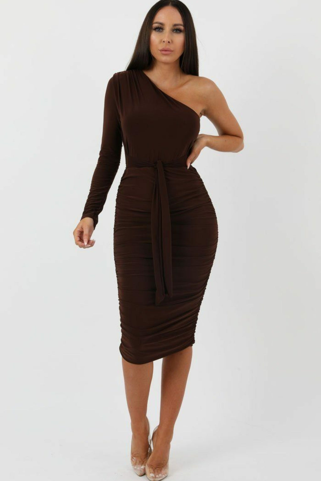 One Shoulder Ruched Slinky Midi Dress