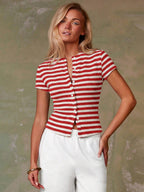 Women's Casual Red Single-Breasted Short Sleeve Fitted Top,Red Top,Christmas, Cute Vacation,Resort Wear,Summer Holiday,Spring,Spring Break,Beach