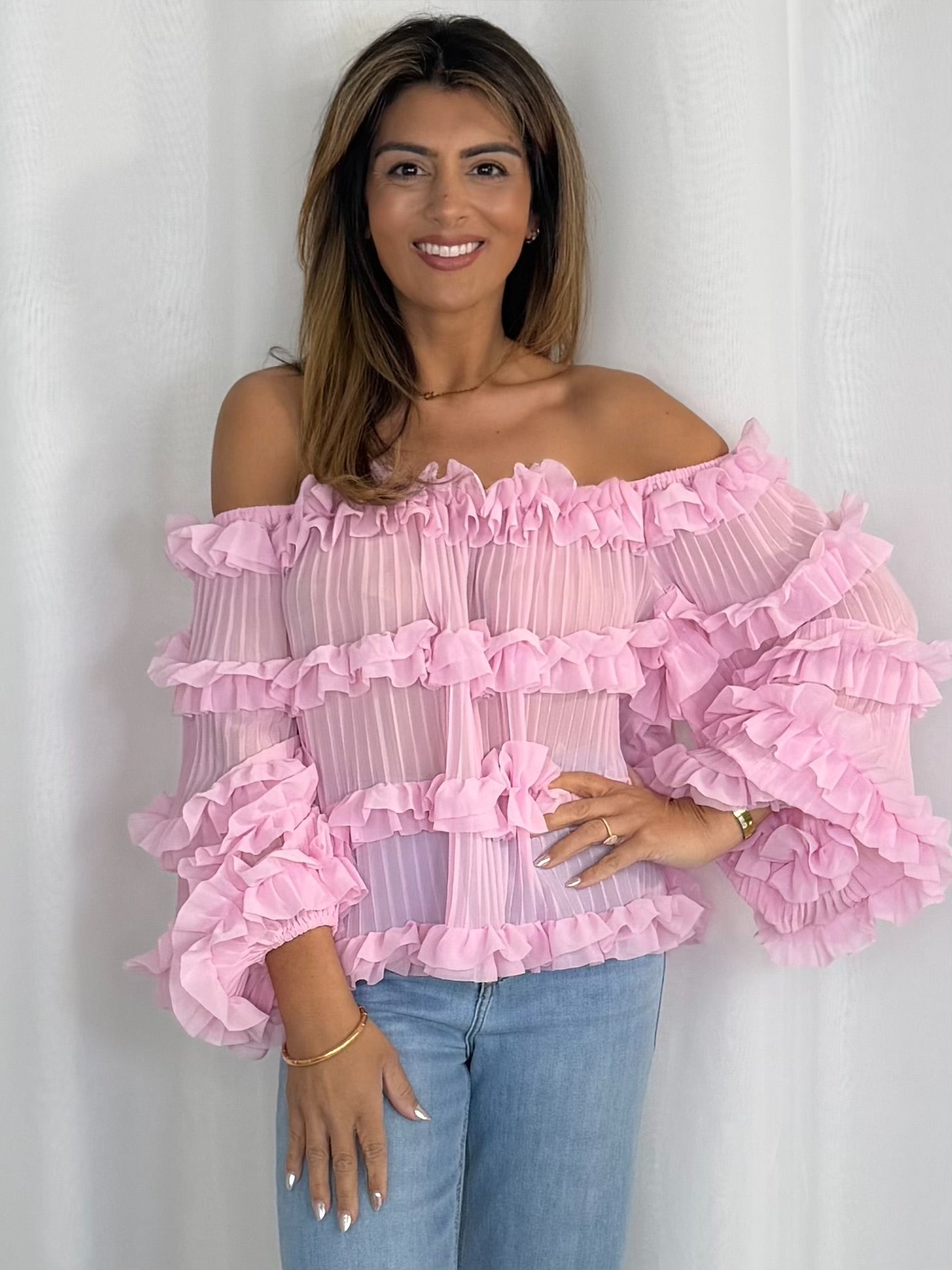 Pleated Frill Round Neck Top (4 Colours)