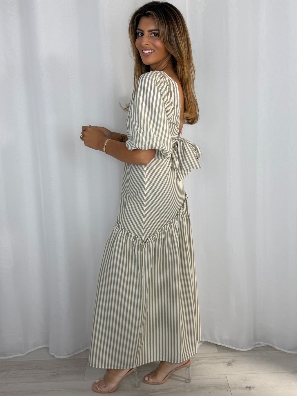 Striped Balloon Sleeve Tie Up Back And Frill Maxi Skirt Co-Ord (2 Colours)