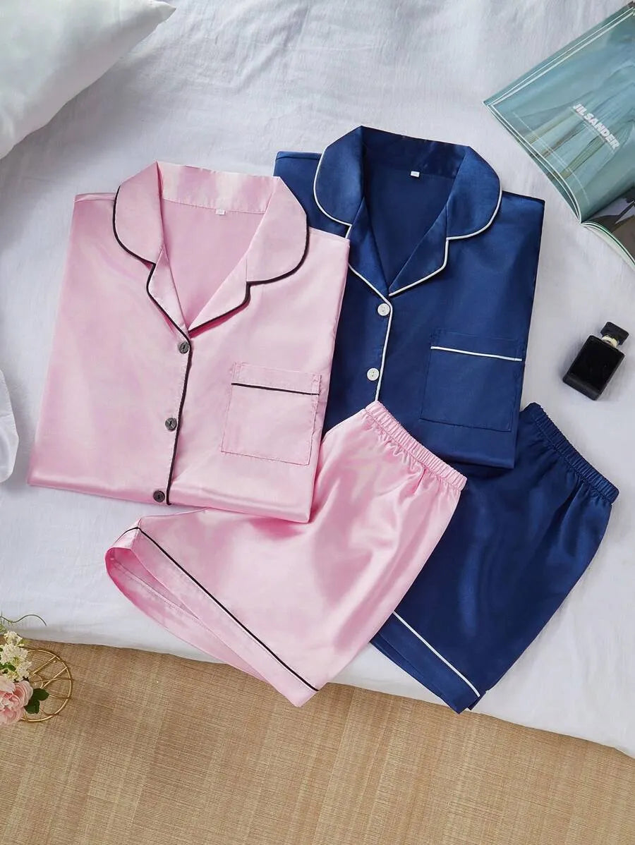 LuxeNights 4pcs/Set Faux Silk Lapel Cardigan & Shorts Pajama Set