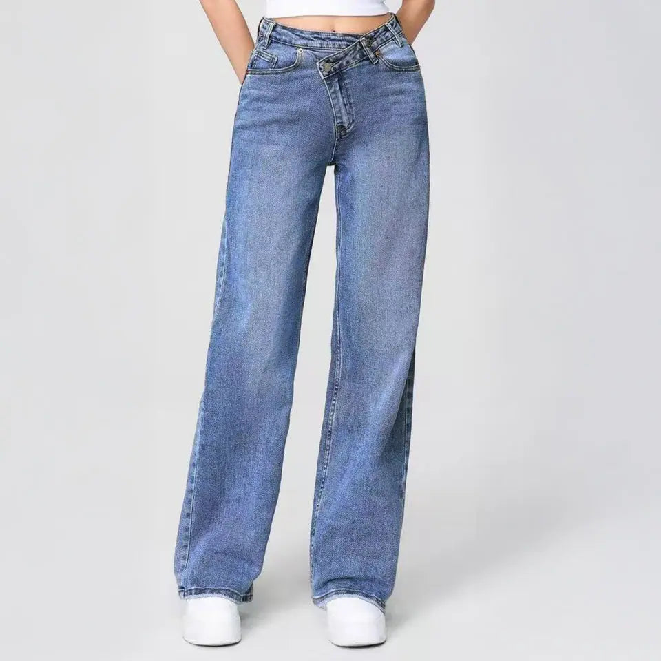 Women's Street Chic High Waist Multi-Pocket Baggy Denim Wide Leg Jeans, Versatile Streetwear Outfits, Asymmetric Waist Denim Trousers
