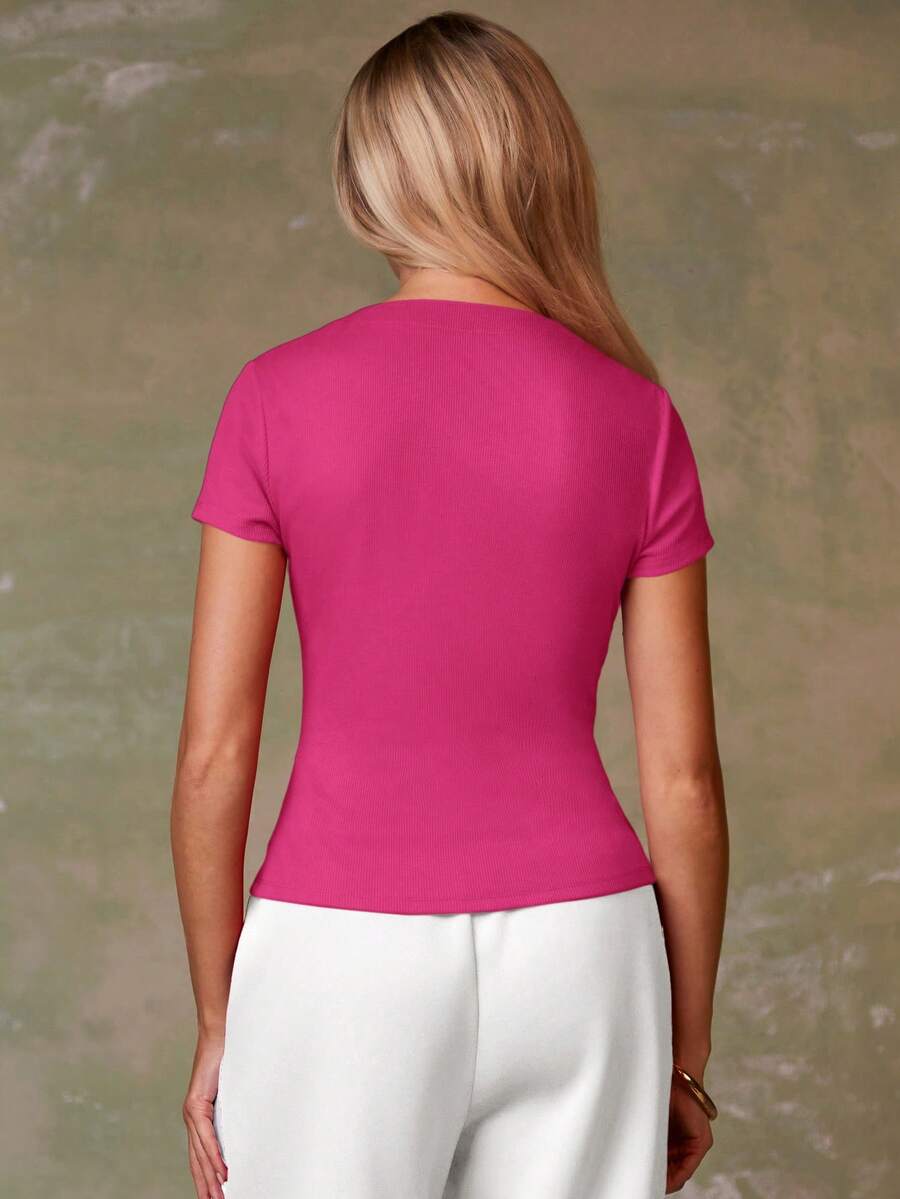 Women's Casual Red Single-Breasted Short Sleeve Fitted Top,Red Top,Christmas, Cute Vacation,Resort Wear,Summer Holiday,Spring,Spring Break,Beach