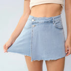 KatchMe Women's Casual Layered High Waist Raw Hemline Durable Denim Skorts, Street Style Jeans, Lightweight Wrinkle-Resistant Bottom, Figure Flattering Stretchy Womenswear, Summer Shorts