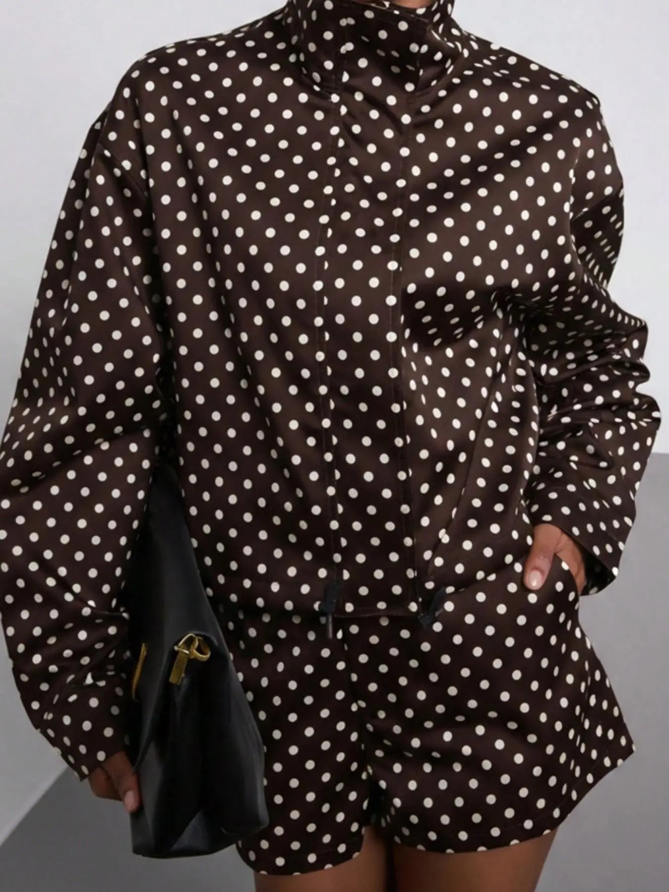 Women's Spring/Fall European Style Two-Piece Button Front Suit, Stand Collar Vintage Polka Dot Long Sleeve Blazer & Shorts, Pilot Look Outerwear Short Suits Top