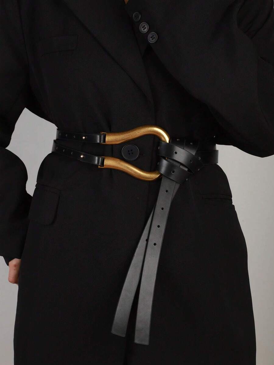 Women's Versatile Wide Waist Belt With Large Horseshoe Buckle Decor, Leather Belt For Skirts