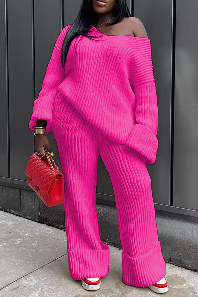 Pleated Knit Off Shoulder Long Sleeve Sweater Straight Leg Pants Matching Set-White