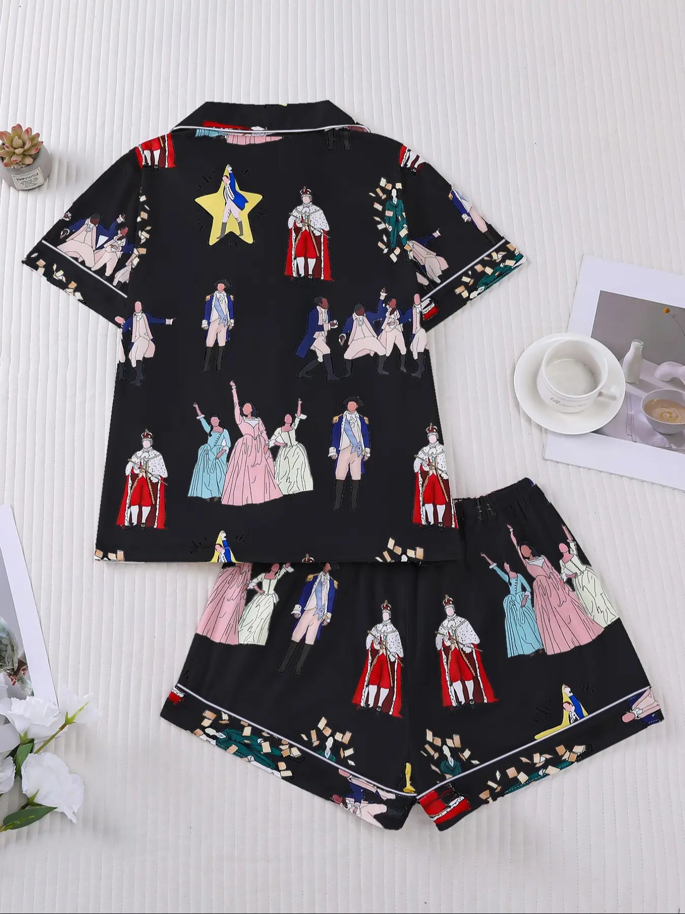 Hamilton Musical Themed Women's Pajama Set, Short Sleeve Shirt Collar Button Soft Top & Elastic Shorts, Casual Home Wear