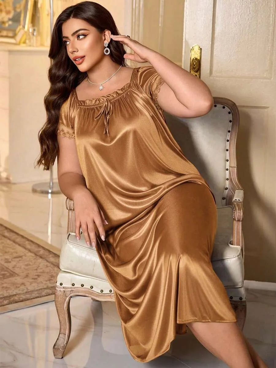MuseNap CURVE Plus Size Women Pleated Square Collar Embroidered Satin Nightgown