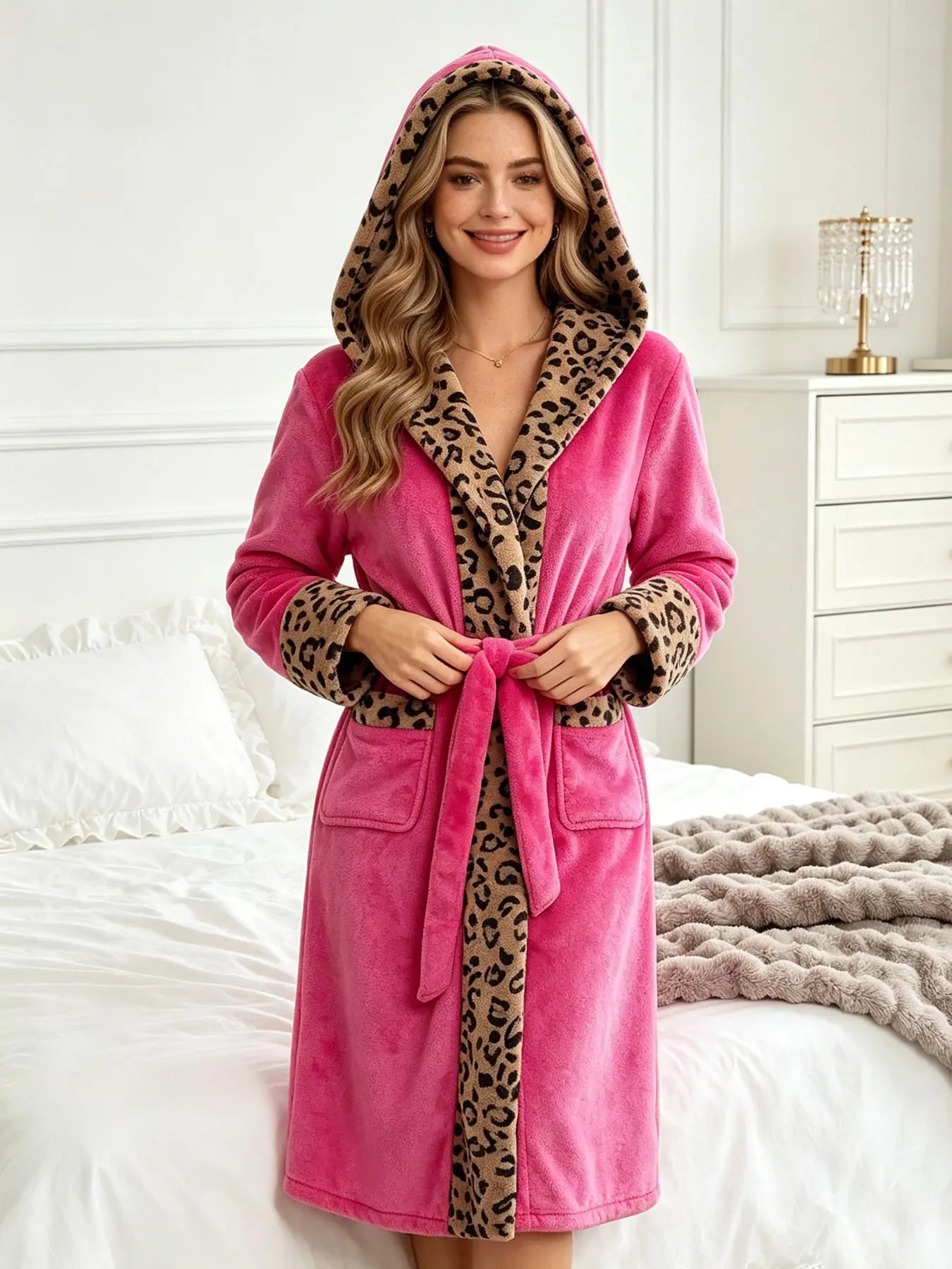 Women's Thick Coral Fleece Long Sleeve Nightgown, Rose Gold Leopard Print, Hooded Lapel Tie Waist, Long Warm Home Loungewear Robe with Pockets