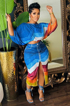 Contrast Color Bat-Wing Sleeve Top Slit Midi Skirt 2pcs Set-Blue
