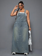 Plus Size Women's Summer Punk Casual Style Frayed Denim Strap Dress, Essential for Daily Outings, Trendy and Comfortable Long Skirt