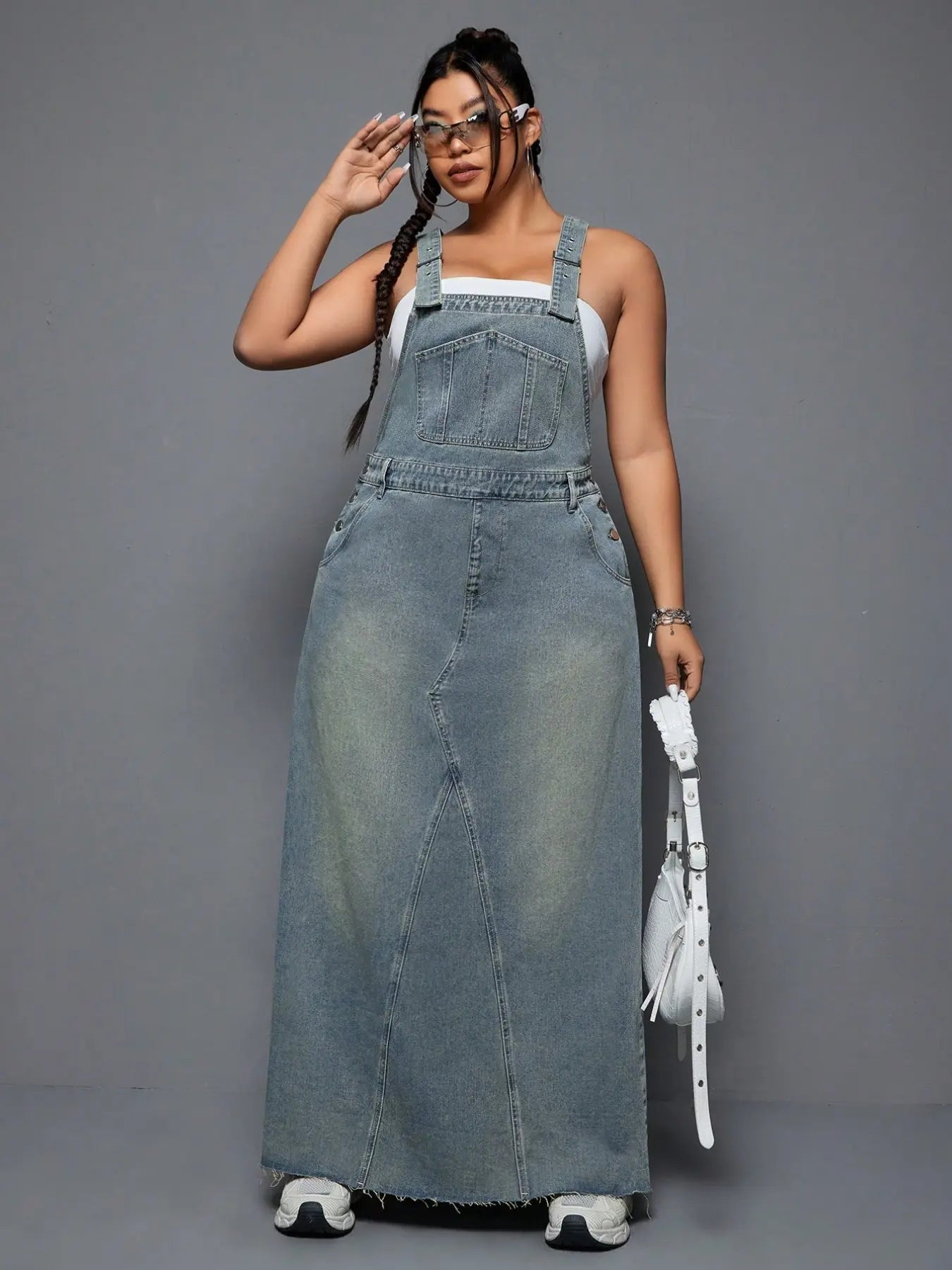 Plus Size Women's Summer Punk Casual Style Frayed Denim Strap Dress, Essential for Daily Outings, Trendy and Comfortable Long Skirt