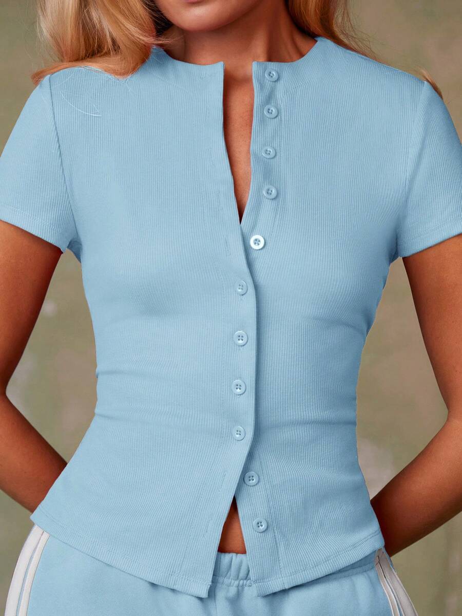 Women's Casual Red Single-Breasted Short Sleeve Fitted Top,Red Top,Christmas, Cute Vacation,Resort Wear,Summer Holiday,Spring,Spring Break,Beach