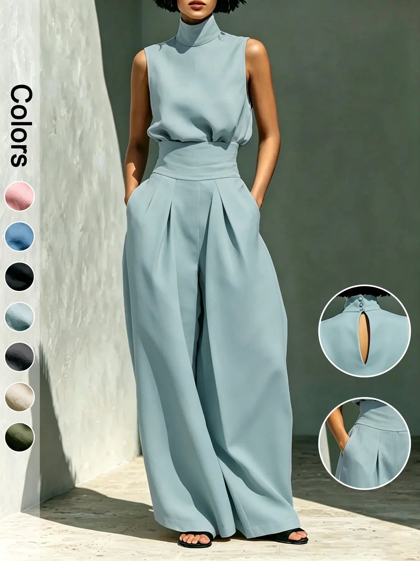 Women's High-Neck Sleeveless Top and High-Waist Wide-Leg Pants Two-Piece Set, Elegant Chic Formal Outfit for Fashionable Ladies, Clothes