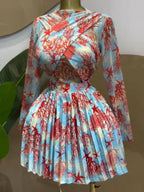 Women's Leaf Print Long Sleeve Round Neck Wrap Mini Midi Dress, Fitted elegant dress, Front Pleated Party Birthday Dress, Romantic Vacation Style 2026 Cocktail Dresses, Dressy Fashion Dinner Parties Dress, Streetwear Beach Dress