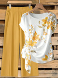 Women's Tie Bow Blouse And Loose Straight Leg Pants 2 Pieces Set,Casual Tropical,Summer Outfits For Women Vacation White Floral Light Yellow