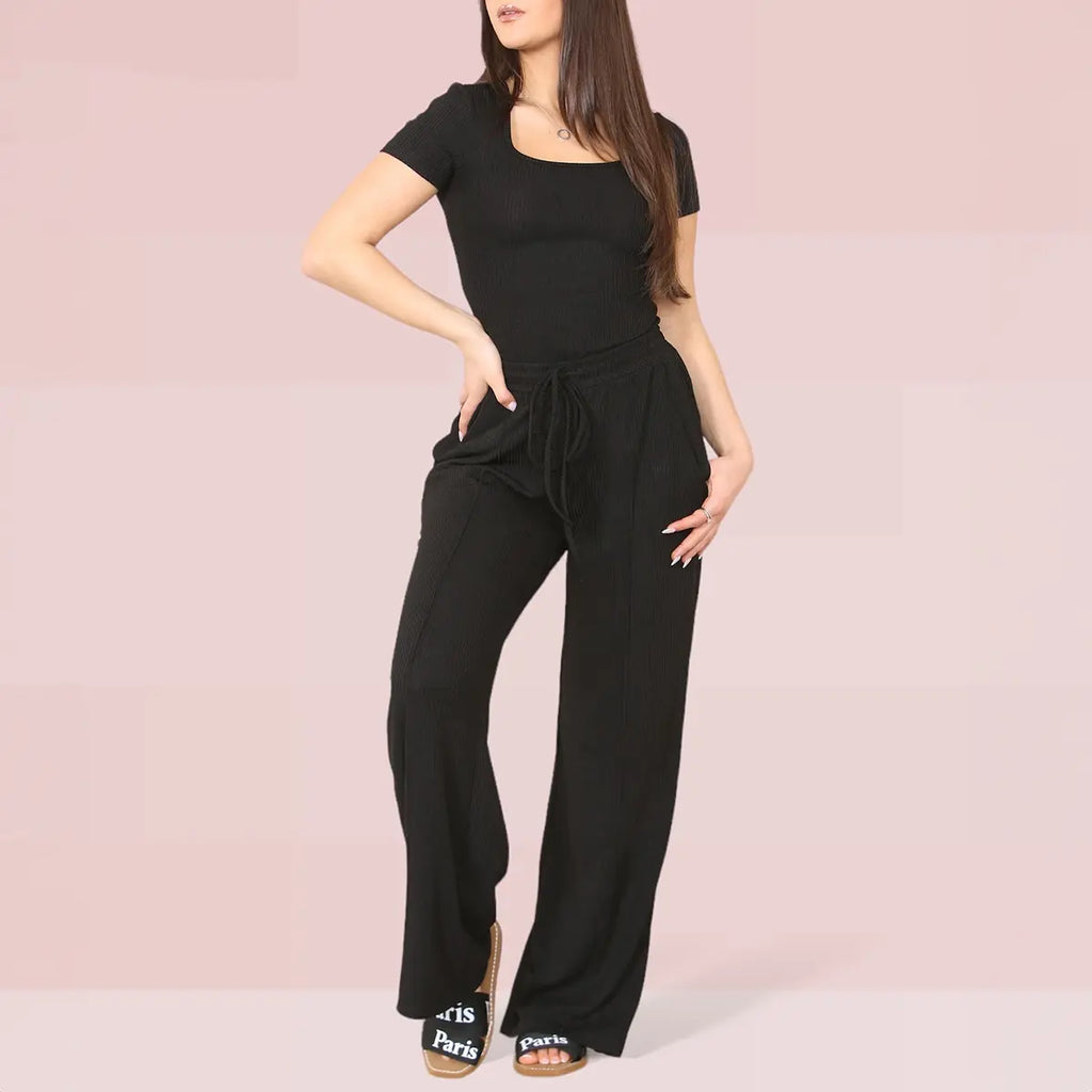Women's Trendy Square Neck Shaping Bodysuit & High Waist Wide Leg Pockets Trousers Co-ord,Short Sleeve Shapewear,Two-Piece Outfit for Womenswear
