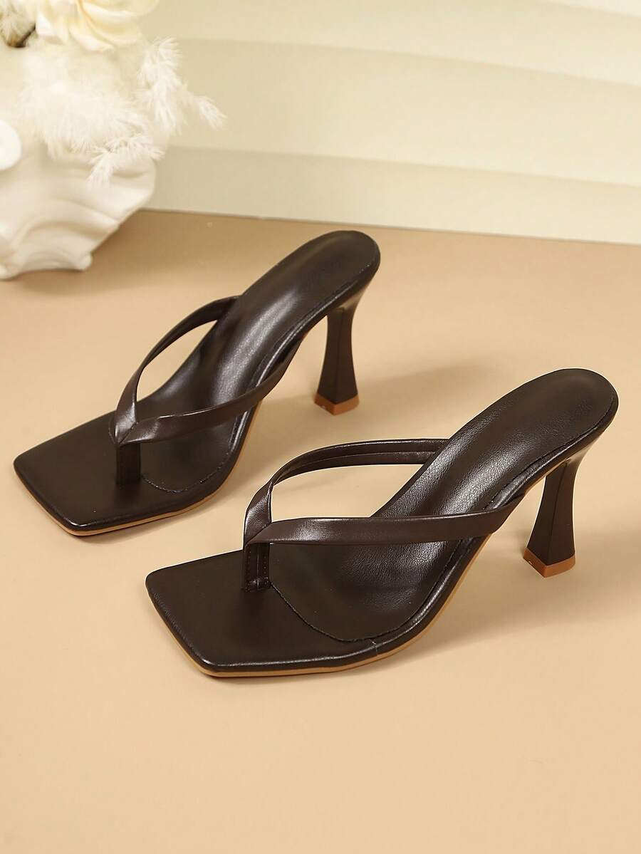 Square Toe Wide Foot Thong Sandals With Thin Heel, Versatile Outdoor Wear Thin Heel Thong Flip Flops For Women, Chic & Elegant