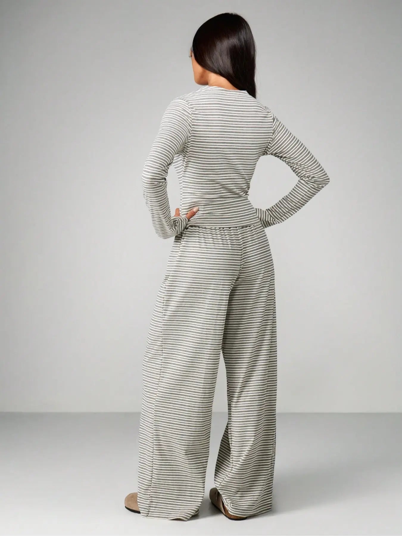 Women's 2-Piece Wide Leg Pants and Long Sleeve Striped Set, Casual Spring & Fall Knit Cardigan, Perfect for Comfort and Fashion
