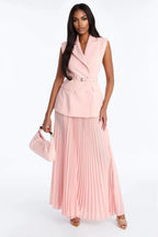 Aria Belted Blazer Pleated Maxi Skirt Set - Black