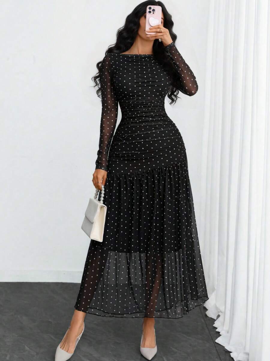 Women's Gothic Sexy Elegant Modern Contrast Stripe Asymmetrical Ruffle Waist Double-Layer Mesh Long Sleeve Dress, Suitable For Dates, Vacations And Daily Commute Spring