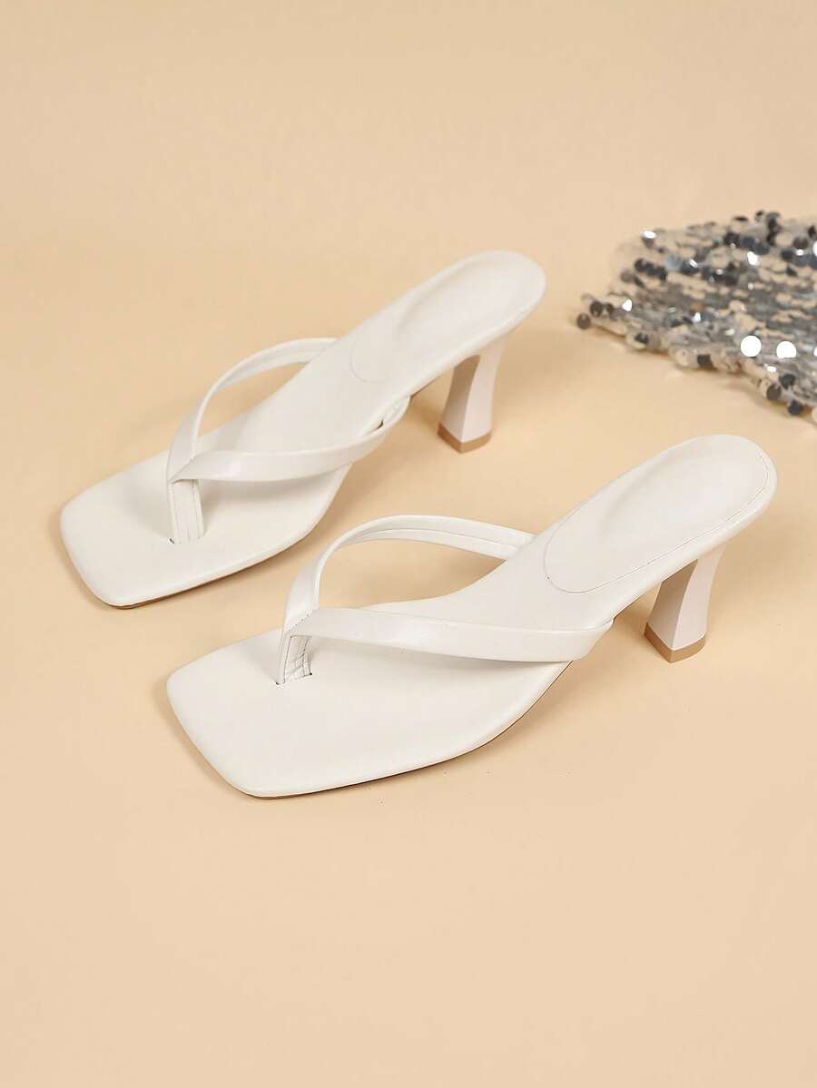 Square Toe Wide Foot Thong Sandals With Thin Heel, Versatile Outdoor Wear Thin Heel Thong Flip Flops For Women, Chic & Elegant